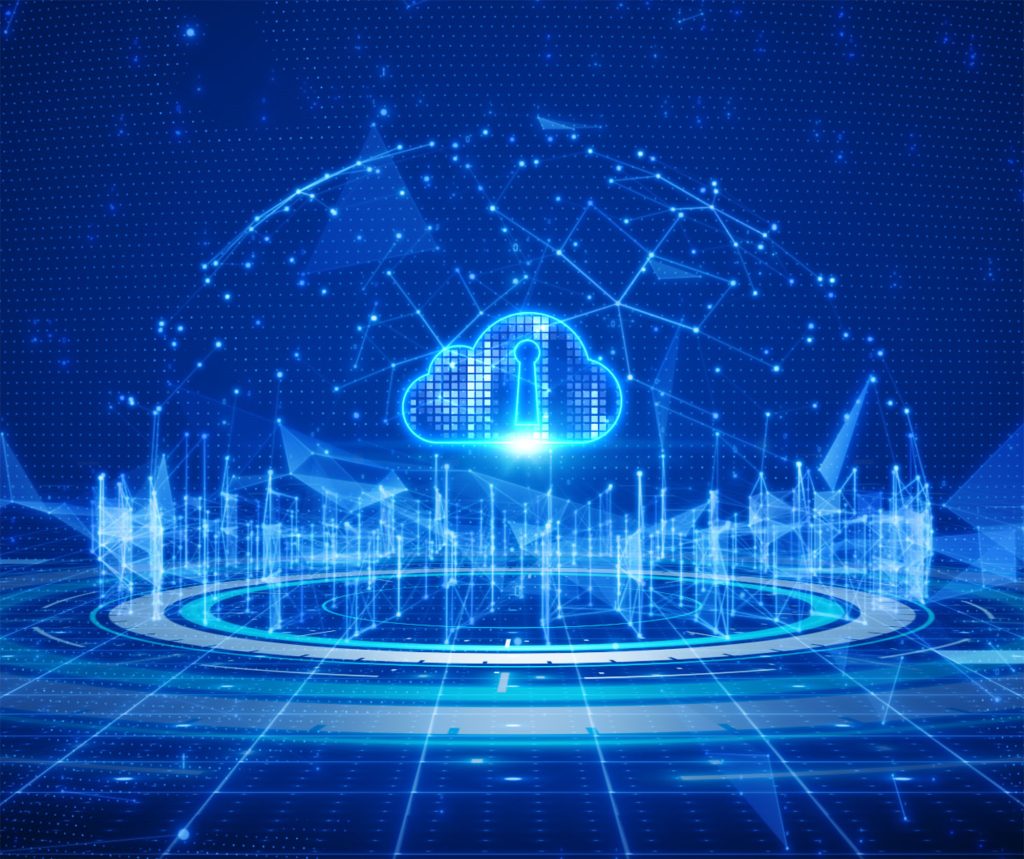 Illustration of cloud security with shield, padlock, and digital cloud icons representing best practices for protecting cloud environments in 2025.