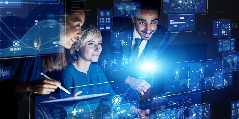 Group of engineer in office. GUI (Graphical User Interface). HUD (Heads up Display).